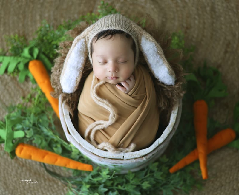 Baby sleeping in a handcrafted wooden prop